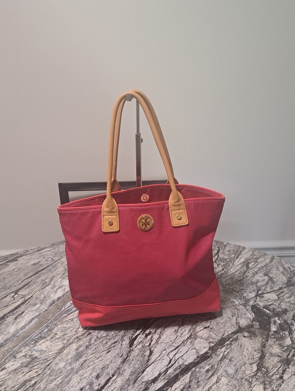 Tory Burch Red Canvas Tote with Tan Leather Handles